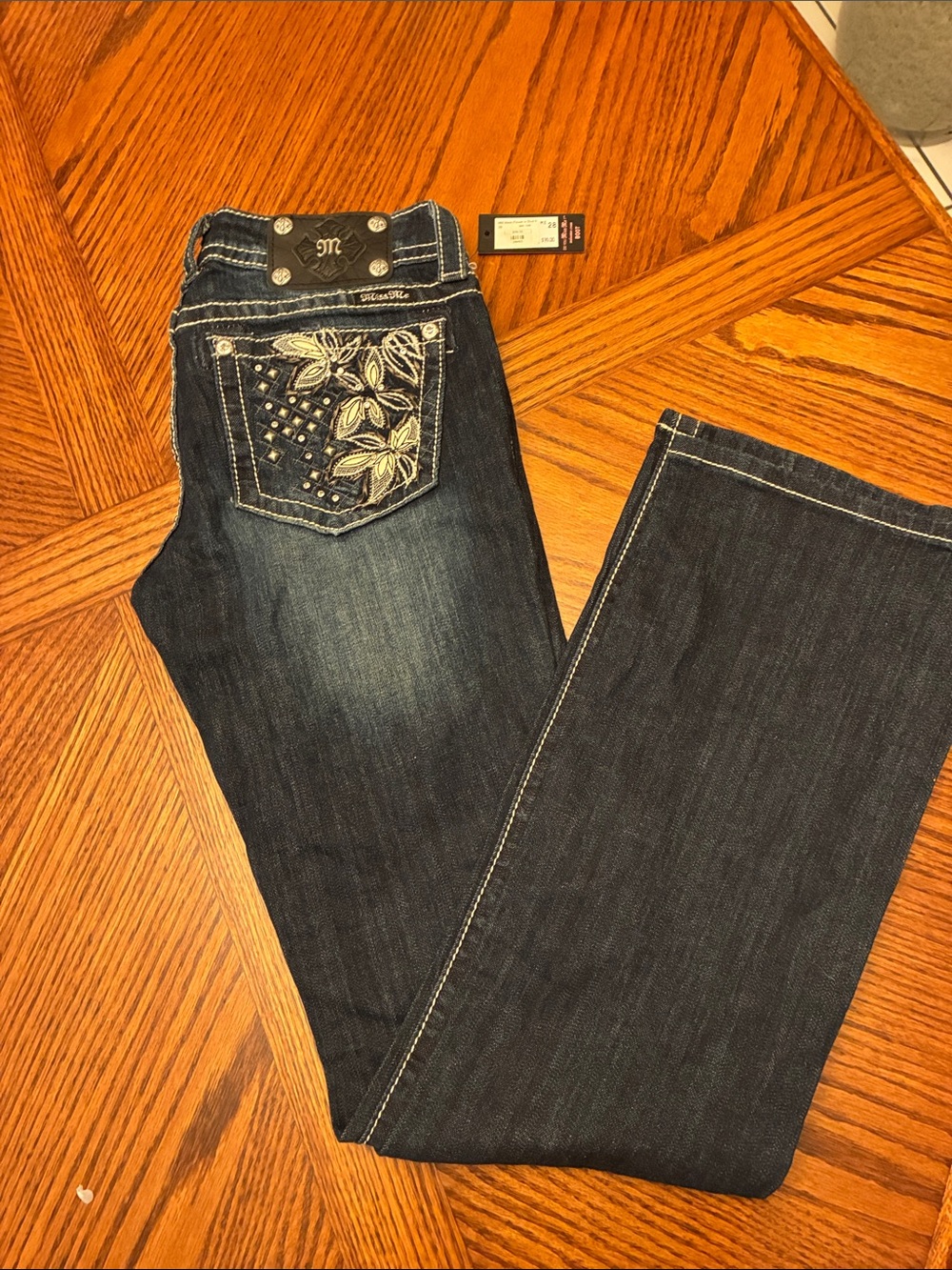 Miss Me Mesh Flower w Studs Boot Jeans Blue Waist 28